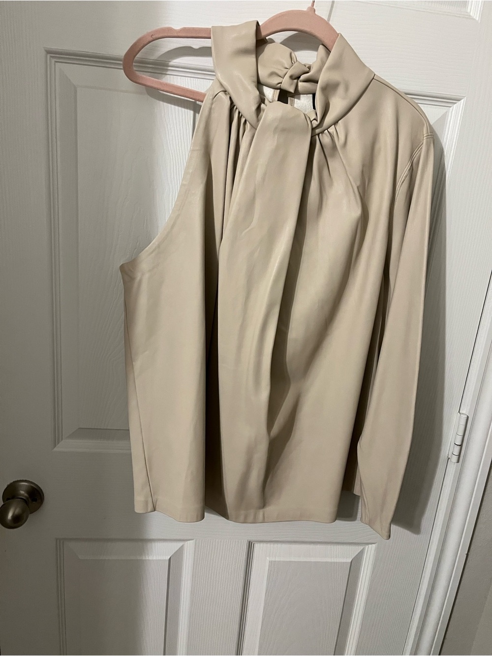 Eloquii Faux Leather One Sleeve Gathered Neck Top in Beige